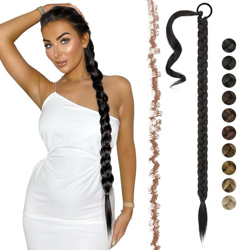 FESHFEN Braid Extensions Pferdeschwanz Verlängerung mit Haargummi, 65 cm Natürlich Schwarz Lang Ponytail Geflochten Kunsthaar Haarverlängerung Zopf Haarteil für Damen