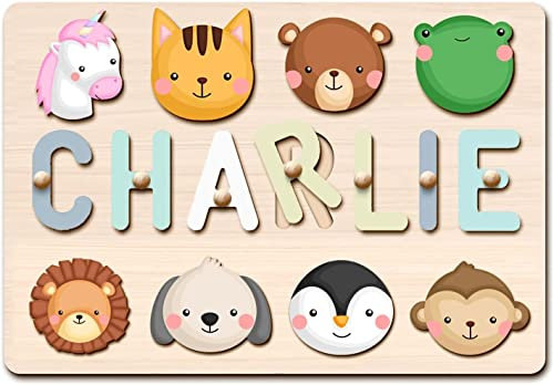 Personalised Name Puzzle for Toddlers, Tulolvae Custom Name Wooden Puzzle with Stand and Elements, Baby Puzzle Educational Toys Gift, Preschool Pegged Puzzles 1st Birthday Gifts for Boy and Girl