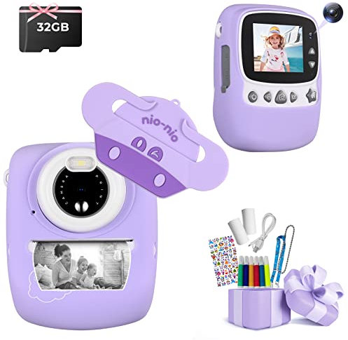 Appareil Photo pour Enfants, 30MP 1080P Appareil Photo instantané Camera pour Enfants Impression Photo Noir et Blanc, Appareil Photo numérique pour Enfants avec Carte TF 32GB, Violet