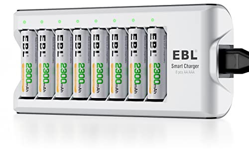 EBL 8PCS Piles Rechargeables AA, avec Chargeur de Piles Rechargeables 8 Slots Indépendant, AA 2300mAh NiMH Haute Performance et Large Compatibilité