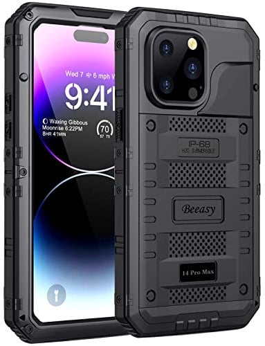 Beeasy für iPhone 14 Pro Max Wasserdicht Outdoor Hülle (6,7), Stoßfest Panzerhülle Militär 360 Grad Schutzhülle mit Displayschutz, Robust Metall Heavy Duty Handyhülle Case, Schwarz