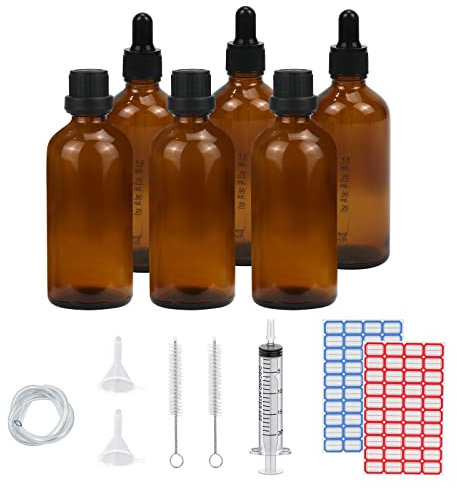 Episkey 6 Stück 100ml Pipettenflasche,Tropfflasche Braunglasflasche mit Pipettenkappe&Tropfereinsatz Verschluss Inkl.Hilfszubehör für Ätherische Öle Parfüm Lösungen DIY-Probenmischungen (100ml)