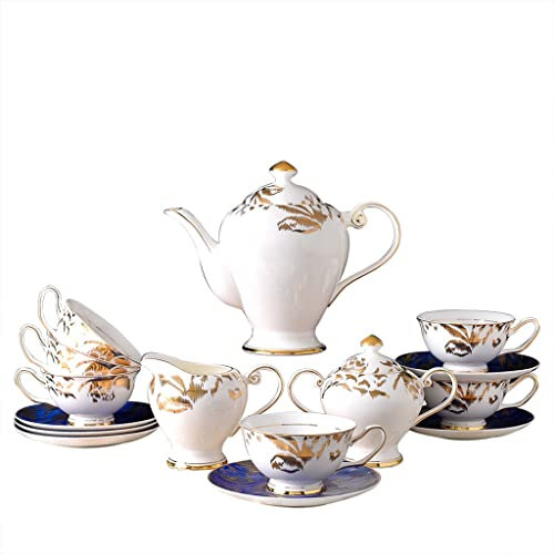 15-TLG. Relief Gold Kaffeekanne Tasse und Untertasse Set Wohnzimmer Art Style Fine Bone China Buntes antikes Tafelservice Küchengeräte