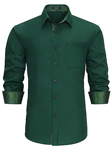 HISDERN Mens Shirts Green Long Sleeve Shirt for Men Formal Button Shirts Causal Regular Fit Dress Shirt L