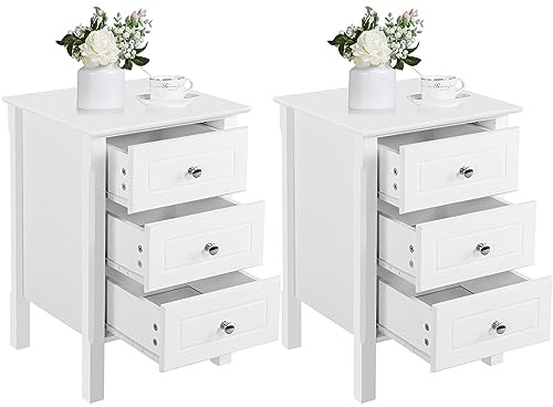 Yaheetech Set of 2 Bedside Tables Nightstands with 3 Drawers, White | E1 Spray-Painted MDF, Full Panel Construction, 40 × 40 × 60 cm Each, Two Matching Units for Balanced Bedside Storage