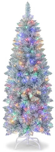 COSTWAY Árbol de Navidad Verde Blanco 150cm, Arbol de Navidad Slim/Estrecho con Luces Incorporadas, 190 Luces Coloridas, 343 Ramas de PVC y Pet, Arvore de Natal Soporte de Metal Casa/Oficina (150cm)
