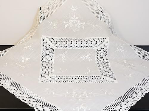 Aude Home Tischdecke 80x80 weiß Bestickt feiner Hohlsaum und Stickerei Häkelspitze (80x80)