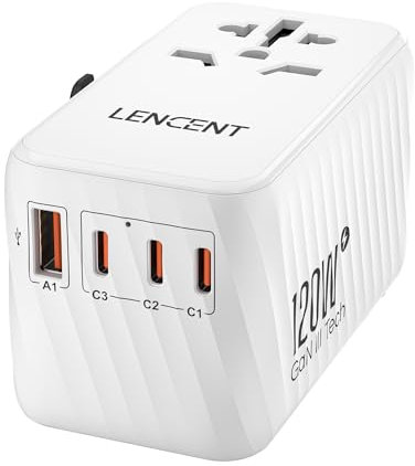 LENCENT Internationaler Reiseadapter, 120W GaN3 Universeller Adapter mit 3 PD3.0 Type C+1 QC USB A, Weltweit Adapter für Handys, All in One Reisestecker für EU/USA/UK/AU Steckdosen, Weiß