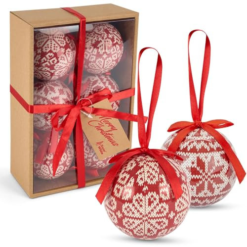 Bravich Set Of 6 Baubles - Red Knit Design. Christmas Tree Decorations Ornament Polyfoam Balls With Hooks & Hanging String In Gift Box. Retro Vintage Red & White Baubles For Christmas Tree.