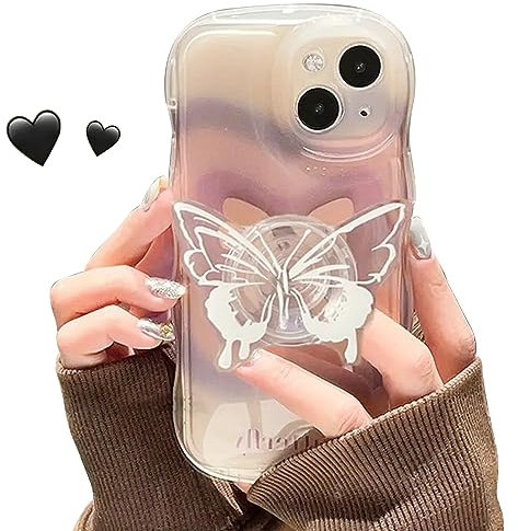 KARPIX Gradient Butterfly Phone Case Anti-Fall Wavy Edge Mobile Phone Case for iPhone 14/13/12 with 3D Butterfly Stand,Girly Creative Mobile case (13,Pink)