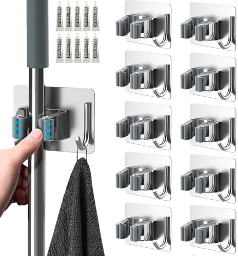 MUXHEL 10PCS Broom Holder Wall Mounted Stainless Steel Broom Holder with Hanger Hook No Drill Mop Holder Wall Mounted for Kitchen Bathroom Closet Garden Garage