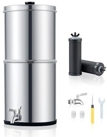 CO-Z 8,5L Système de Filtration d'Eau par Gravité en Acier Inoxydable 304 Purificateur d'Eau avec 2 Filtres à Carbone Robinet d'Eau Inclus, Certification NSF/ANSI 42