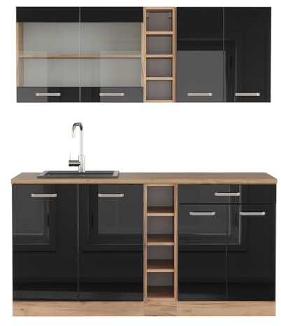 Vicco Singleküche R-Line, Schwarz Hochglanz/Goldkraft Eiche, 160 cm ohne Arbeitsplatte