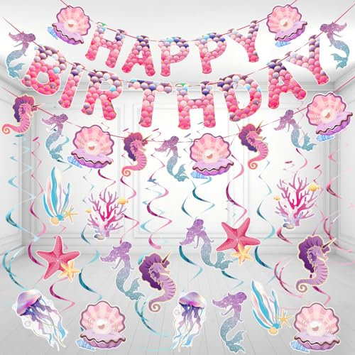Easy Joy Mermaid Party Decoration 33PCS Under The Sea Party Decoration with Pink Purple Happy Birthday Banner Ocean Theme Hanging Swirls for Mermaid Girls Birthday Baby Shower Decorations