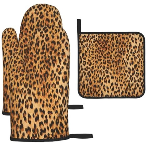 Leopard Print Heat-Resistant Oven Gloves And Pot Holders.With Lanyard,Waterproof And Durable. Used In Kitchen,Barbecue And Baking.