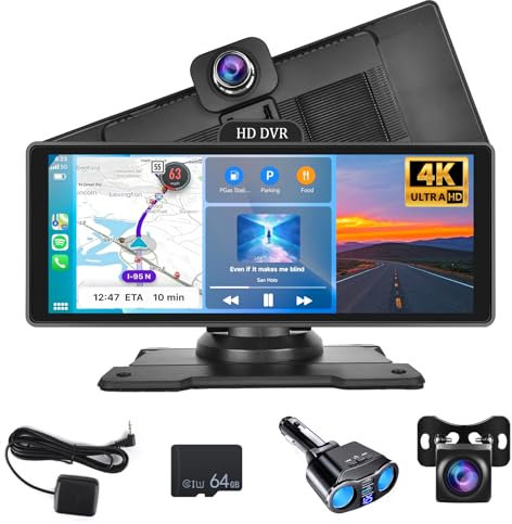 Hodozzy Tragbares Autoradio Drahtlos Carplay Android Auto mit 4K Frontkamera und 1080P Rückfahrkamera,10.26 Zoll HD IPS Touchscreen mit Bluetooth,ADAS,GPS,Loop-Aufnahme,FM,AUX,SD Karte
