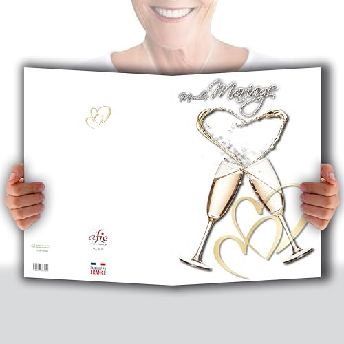 MX-4016 MAXI Grande Carte Géante XXL pour MARIAGE + Enveloppe format 32x23cm - Cœurs Flutes entrelacées Champagne Pétillant Mousseux Bulles de Bonheur Trinquer à l'Amour Vie à 2 - Fabriqué en France