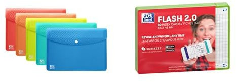 Bundle of Oxford Dokumentenasche A6, transparenter Kunststoff, 5 Farben, 5 Stück + Oxford FLASH 2.0 Karteikarten A6, Lernkarten, 105x148mm, kariert, grün, 80 Blatt