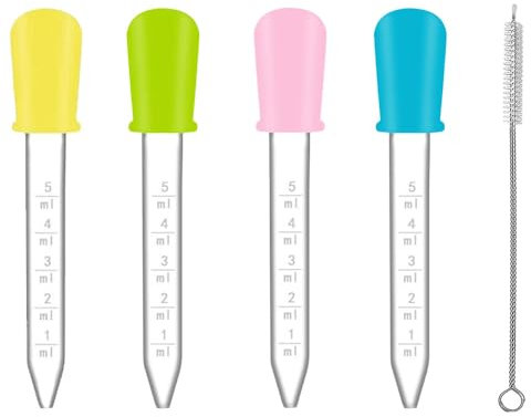 Pipetas de Silicona, 4 Piezas 5ml Goteros Líquidos con 1 Cepillo de Limpieza, Silicona y Plástico Pipetas Cuentagotas, Dispensador de Líquido, para Moldes de Caramelo, Science Experimentos