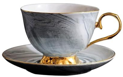 esmen Teetasse 300-ml-Kaffeetassenset aus europäischem Marmor, Keramik mit Goldrand, Nachmittagstee-Tasse mit Untertasse, geeignet für Cafés und Restaurants Kaffeetasse