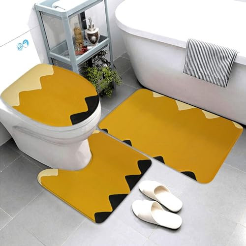 Badezimmerteppich-Set, 3-teilig, weich saugfähig, Badematte, Senfgelb und Schwarz, U-förmiger WC-Vorleger und WC-Deckelbezug, rutschfester Badteppich, Teppich für Badezimmer, WC