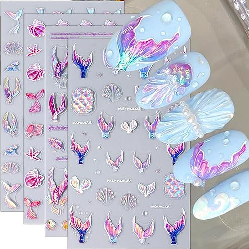 5D Meerjungfrau Schwanz Nagelaufkleber Selbstklebend Laser Meerjungfrau Nagelsticker Sommer Nagel Sticker Geprägte Meereswelle Fischschwanz Muschel Seestern Nageldesign Nail Sticker Nail Art Stickers