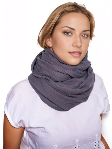 Scandi Linen Musselin Loop Schal Damen, Schlauchschal, Schlauchschal Damen, Musselin Schal Damen, Loop Schal Damen Sommer Leicht, Loop Schal (DunkelGrau)