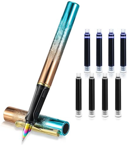 Andibro Farbiger Kunststoff-Füllfederhalter,leichter Füllfederhalter mit 4 schwarzen 4 blauen Tinten, 0,38 mm extra feine Spitze, Business-Schreibstift für Tagebuch Unterschrift Schule Büro (Blau)