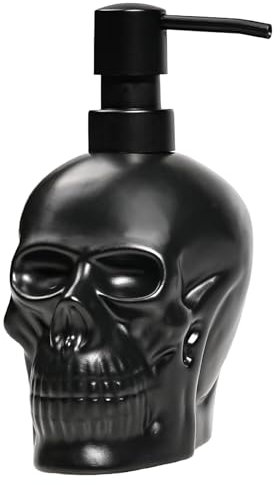 Amaauto Seifenspender in Totenkopfform, Schwarz, Horror, Keramik, nachfüllbar, für ätherische Öle, Lotion, flüssige Handseife, für Bad, Küche, ca. 470 ml Fassungsvermögen