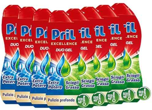 Pril Excellence Duo Gel, Detersivo lavastoviglie Gel, Azione Sciogligrasso, 8 Confezioni da 45 Lavaggi