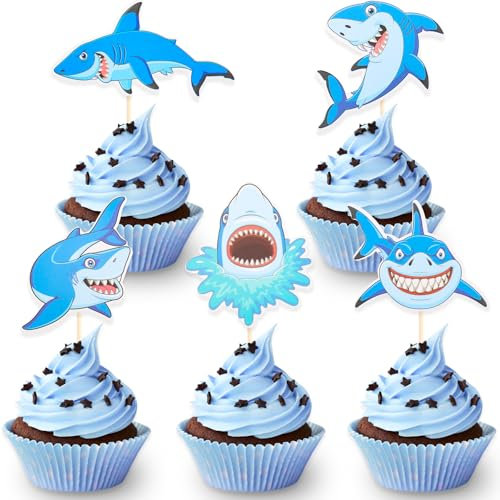 DazzJoy 30 Stück Hai Cupcake Topper Geburtstag,Hai Deko Kuchen für Kinder,Hai Tortendeko Mädchen Junge,Ozean Thema Tortendeko Geburtstag,Meerestiere Cupcake Topper für Taufe,Hai Muffin Deko Babyparty