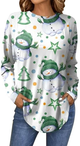 Damen Shirt Elegant Rundhals Langarmshirt Casual Tshirt 2024 Mode Langarm Oberteile Weihnachten Drucken Top Lässig Longshirt Locker Baumwolle Tunika Herbst Bluse Sweatshirt(1-Green,XL)
