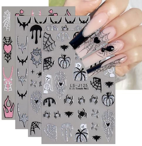 JMEOWIO 8 Sheets Halloween Glitter Nail Art Stickers Decals Self-Adhesive Nail Supplies Nail Art Design Decoration Accessories