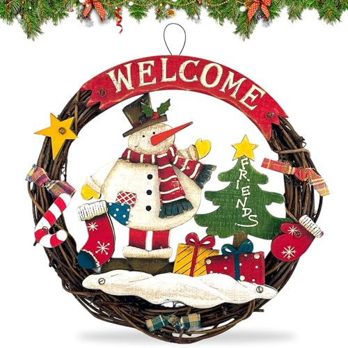 Weihnachtskranz Geflochten, Türkranz Welcome für Weihnachten, Türschild Frohe Weihnachten aus Holz für Tür, Fenster oder Wand, 24 cm