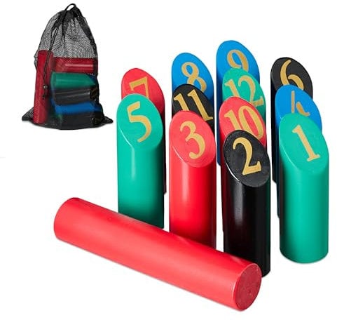 Relaxdays Kubb Wikingerspiel, finnisches Wurfspiel, Holz, Outdoorspiel mit Zahlen, Erwachsene & Kinder, mit Tasche, bunt, 1 Stück