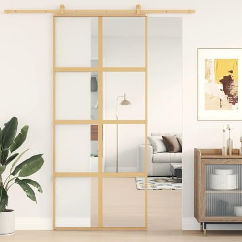 IKAYAA Puerta Corrediza 90 x 205 cm Puerta Corredera de Deslizante de Cristal Seguridad Puertas Interior Cristal para Sala de Estar Salón Oficina, Dorado(Se excluyen guia Puerta corredera