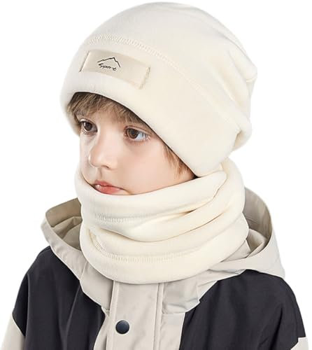 Yixda Kinder Beanie Mütze Loop Schal mit Teddy-Fleece Fütterung Thermo Wintermütze Halswärmer Schlauchschal für 8-15 Jahre Jungen Mädchen (Beige, Einheitsgröße)