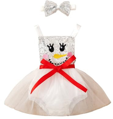 inhzoy Baby Mädchen Weihnachten Kleid Glitzer Tutu Tüll Kleid Strampler Und Pailletten Schleife Stirnband 2er Christmas Baby Set Gr. 68-98 Weiß 80-86