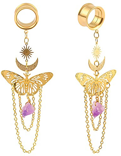 DOEARKO Ohr Tunnel mit Anhänger Schmetterling Ohr Flesh Tunnel Double Flared Ohr Piercing Schmuck Edelstahl Ohr Expander Ohrplugs für Frauen und Männer（Gold，14mm）