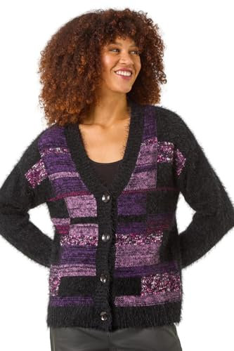 Roman Originals Colour Block Fluffy Knit Cardigan for Women UK - Ladies Everyday Autumn Winter V-Neckline Comfy Soft Evening Vacation Work Party Night Out - Purple - Size 16