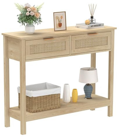 Trironsun Boho Rattan Console Table with 2 Drawers 2 Tier Entryway Table Farmhouse Wood Sofa Tables with Open Storage Shelf for Living Room Hallway Foyer
