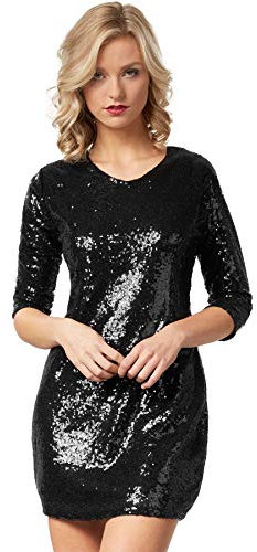 dressforfun Kostüm Damen, kurzes Paillettenkleid, Glitzer Kleid, Langarm Glitzer Oberteile Damen mit Glitzer Rock, Faschingskostüm, Karneval, sexy Disco Kostüm Damen, Rave Outfit Damen, schwarz, XXL