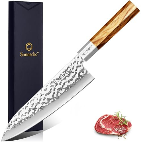 Sunnecko 8 Inch Chef Knife High Carbon Steel Japanese Chef's Knife Wood Handle Vintage Hand Forged Kitchen Knife for Meat Cutting