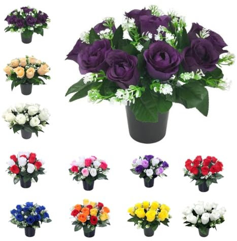 Rose Artificial Flowers in Grave Flower Pots – UV Resistant, Realistic & Long-Lasting Memorial Display for Cemetery, Grave Decorations, Funerals, Home & Garden Remembrance Arrangements (Purple)