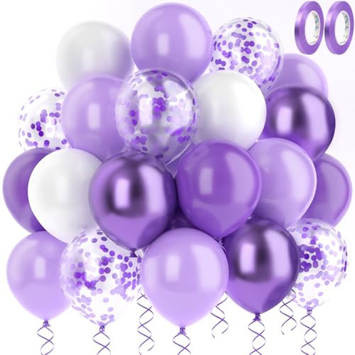 MUEZDUR Lila Luftballon Metallic Lila Violett Weiße Macaron Lila mit Konfetti Luftballons hochzeit Set 60 Stück 30cm Helium Ballons mit 2 Rollen Band als Geburtstag Jubiläum Party Deko Graduierung