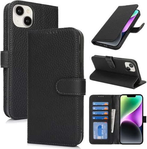 Zouzt Leather Wallet Case for iPhone 14/13, 4 Card Slot, Black | Genuine Leather, Card Holder, Shockproof TPU Shell, Magnetic Closure, Protective Flip Folio Phone Cover, For Women Men