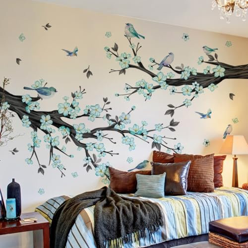 Kirschblüten Wandtattoo mit Vögeln groß türkis Blumen Baum Ast Design 194 x 166 cm