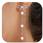 HARJJME Schleifen Blumen Ohrringe Gold Silber 925 Hängend Damen 14K vergoldet Lange Ohrringe Perlen Hängend Hypoallergene Statement Schmuck Geschenke für Frauen Verlobung Hochzeit (Schleifen Silber)