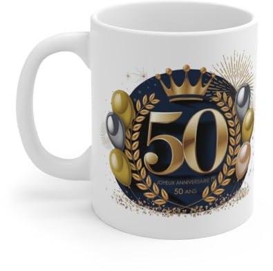 Teecustom Mug Tasse Joyeux Anniversaire 50 Ans Élégant Design Doré & Bleu Nuit Idée Cadeau Prestige