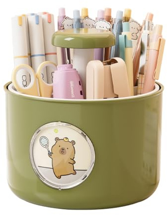 eyesfon Kreative drehbare Stiftehalter mit vier Gittern, niedliche drehbare Bären-Bleistifthalter, Schreibtisch Organizer für Büro, Schule, Zuhause (Grün)